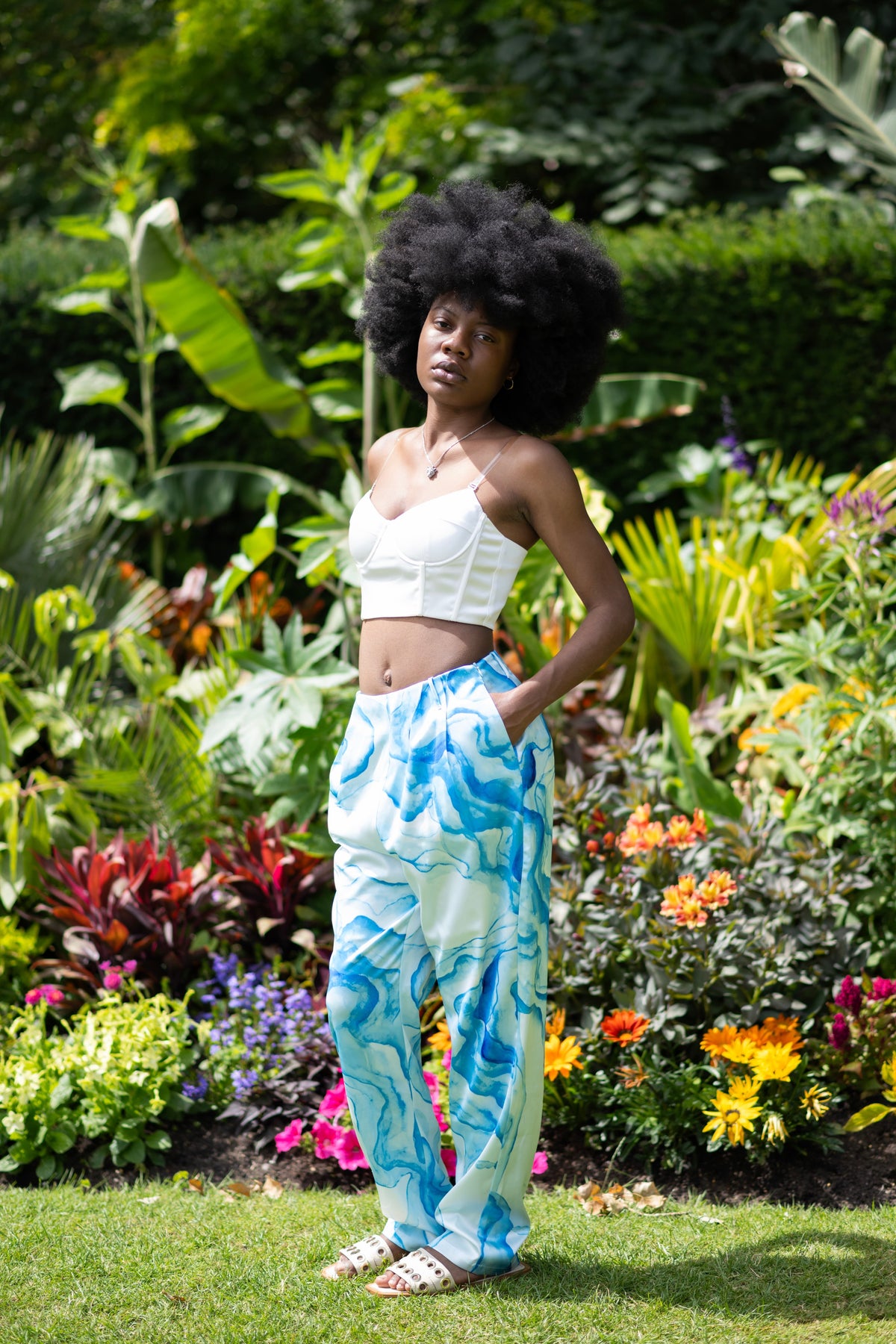 A la mode White Bustier and Blue Marble Pants