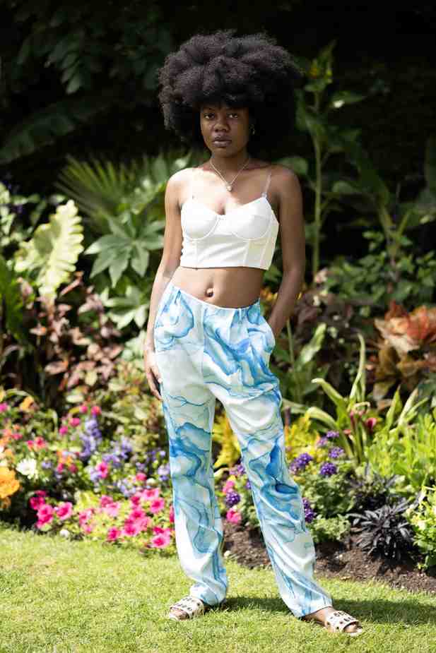 A la mode White Bustier and Blue Marble Pants