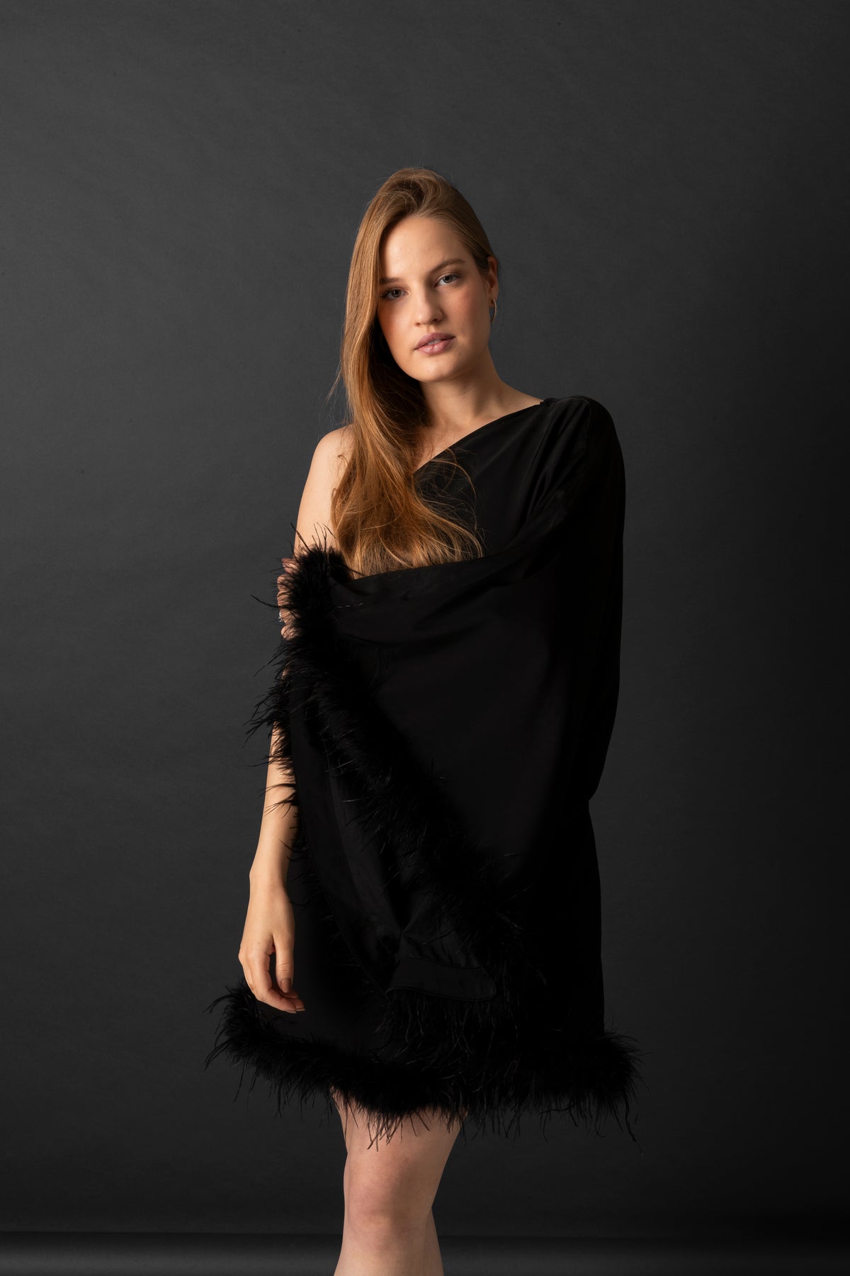 Black Fur-Trim One-Shoulder Dress