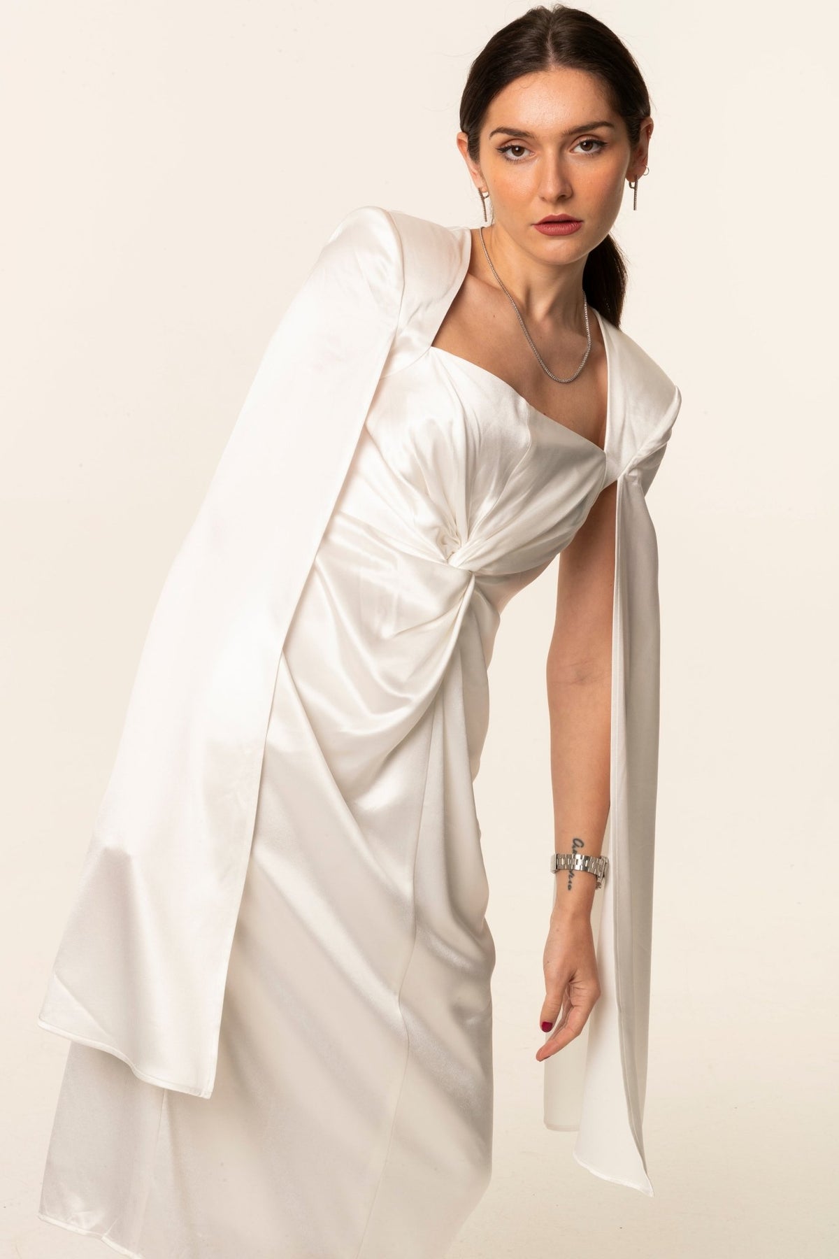 White Satin Shoulder-Drape Dress online