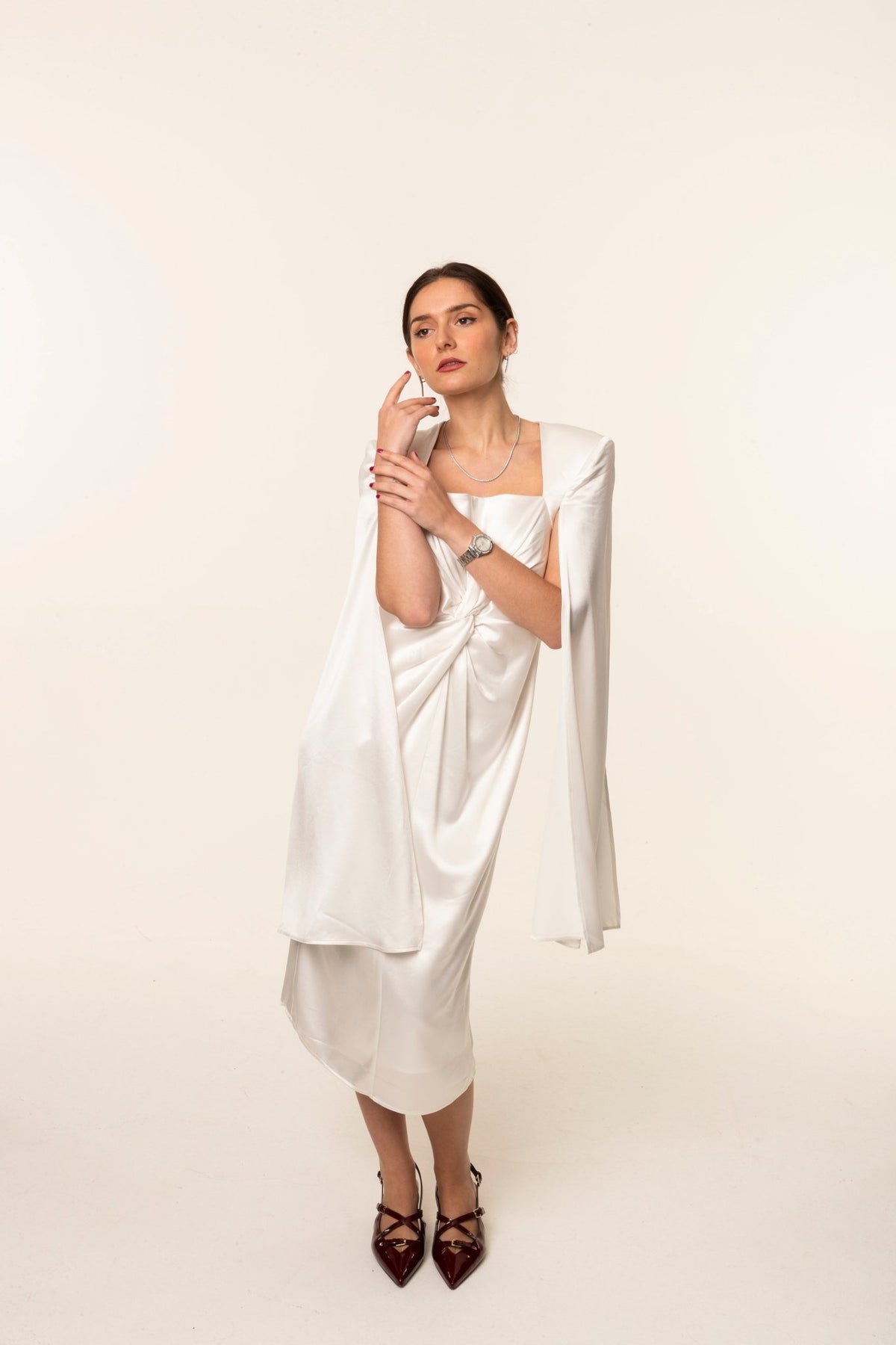 White Satin Shoulder-Drape Dress online