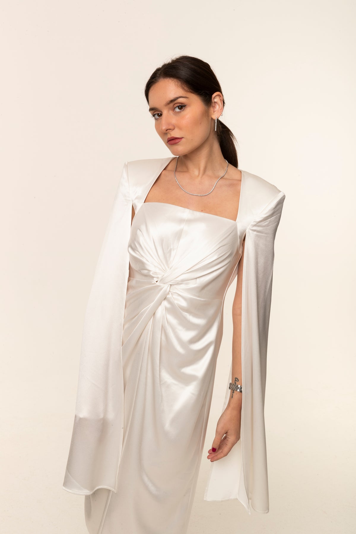 White Satin Shoulder-Drape Dress online