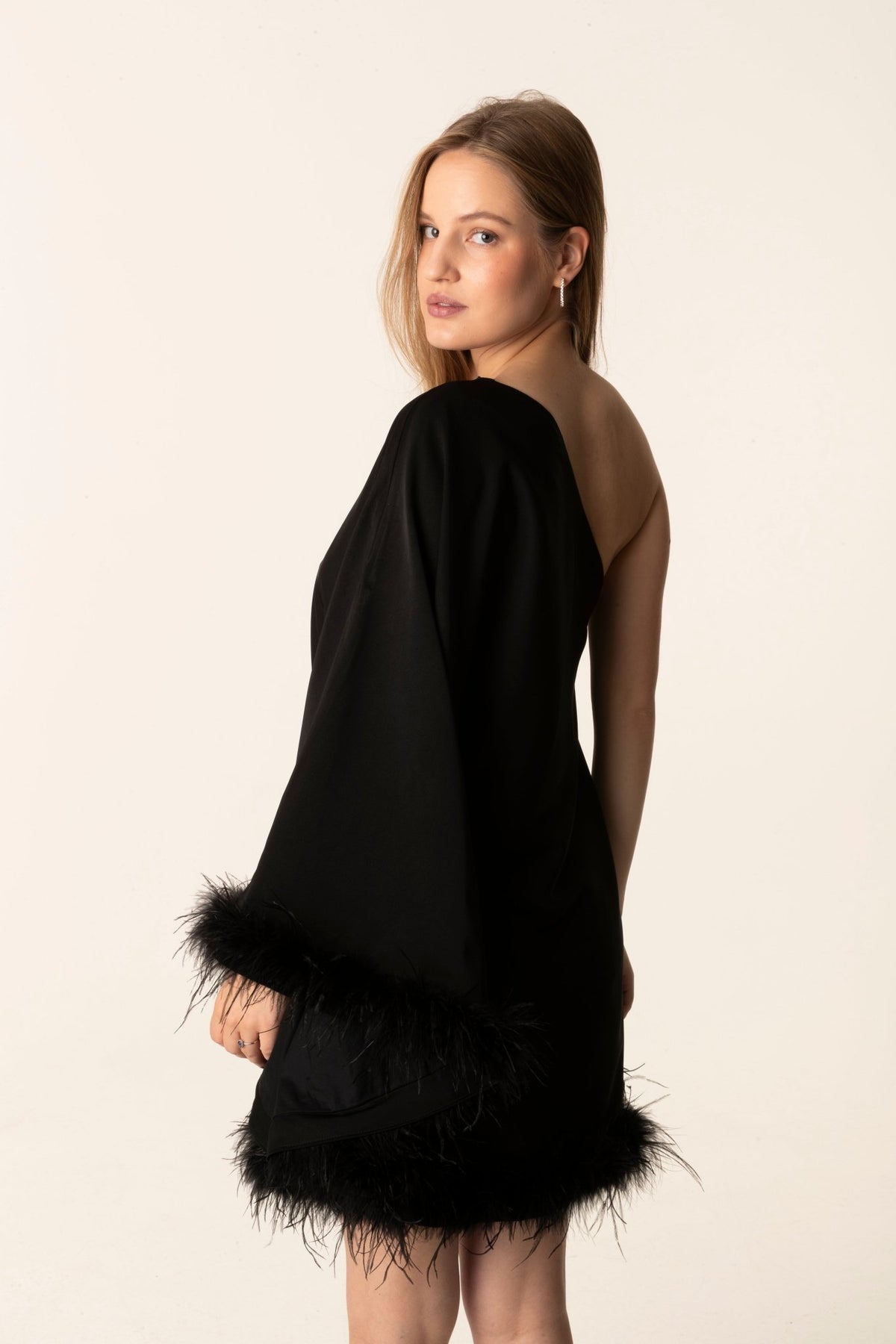 Black Fur - Trim One - Shoulder Dress - #GT#