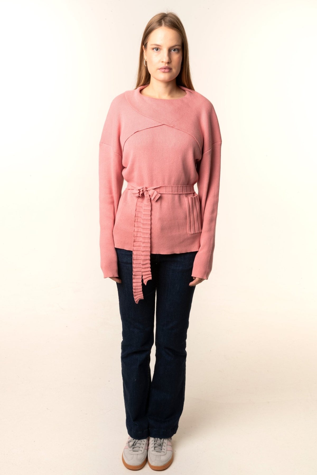 Light Pink Tied Waist Sweater - #GT#