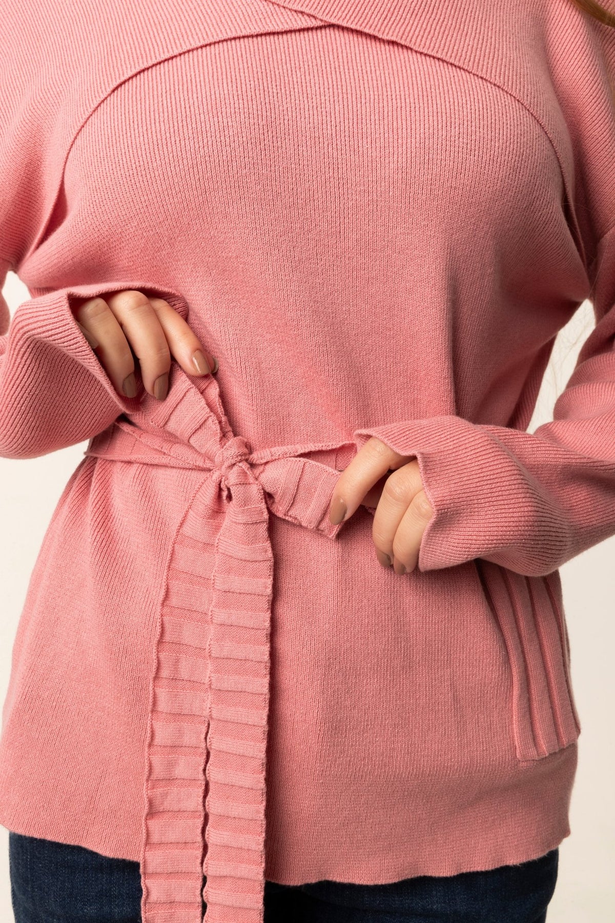 Light Pink Tied Waist Sweater - #GT#