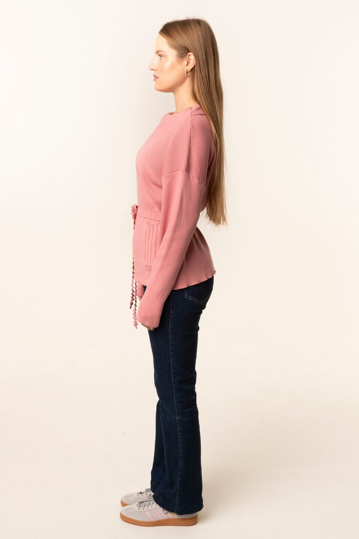 Light Pink Tied Waist Sweater - #GT#